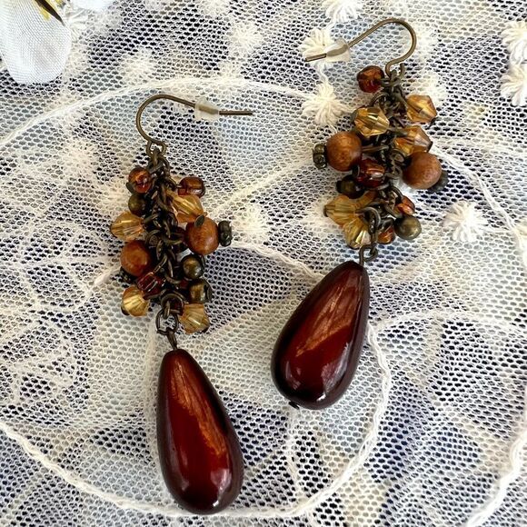 Vintage Bronze Tone Dangle Beaded Statement Earrings - Picture 2 of 5